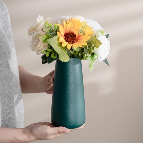 Green Vase - 8" Big Green Ceramic Flower Vase for Home Decor, Minimalism Farmhouse Style for Vintage Table/Shelf Centerpieces, Fireplace Bedroom Kitchen Living Room Office Decorative - color: Green, size: Big