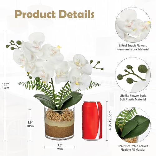 Oairse White Orchids Artificial Flowers with Vase Faux Orchids Plant in Pot | 13.7“ Phalaenopsis Orchid Flower Arrangements White Centerpiece for Kitchen Dining Room Table Bathroom Shelf Desk Decor - color: White Orchid & Brown Sand