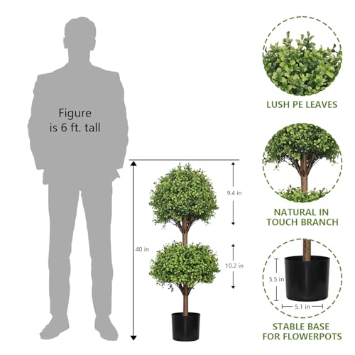 THE BLOOM TIMES 40" Tall Artificial Boxwood Double Ball Topiary Trees, UV Resistant Large Fake Potted Plants for Outdoor Planter, Realistic Faux Bushes Shrubs for Front Porch Outside Decor Set of 2 - color: Boxwood-gjl, size: 40 inch