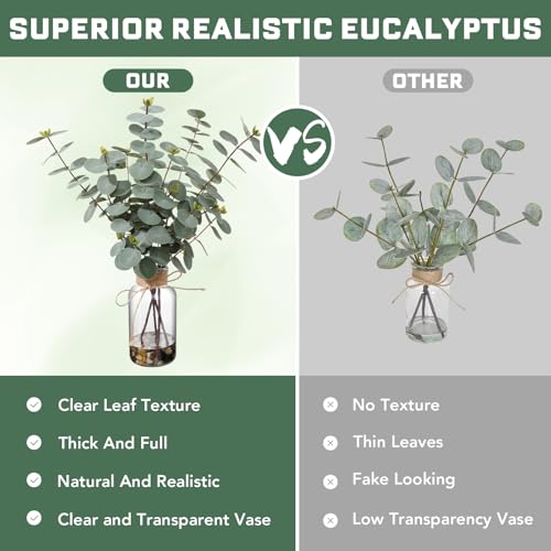 15.74” Artificial Eucalyptus Stems in Glass Vase with Faux Water & Natural Stones, Lifelike Fake Greenery for Modern Farmhouse Home Decor, Bathroom Decor, Office Desk Centerpiece - color: Sl-0974