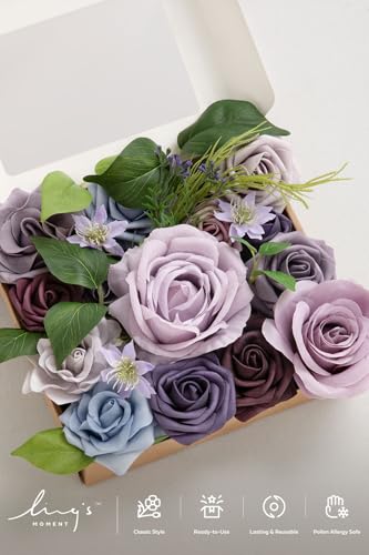 Ling's moment Fake Flowers Box, Faux Artificial Greenery Stems Foam Roses Gardenias Silk Hydrangea Ranunculus Fabic Flower for Centerpieces Bouquet Wedding Vase, Sage Purple & Provence, Deluxe Combo - color: Sage Purple & Provence