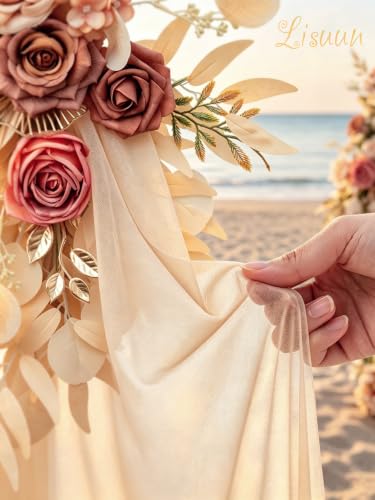 Lisuun Artificial Wedding Arch Flowers with Chiffon Runner, Pack of 3 | Includes 2 Flower Swags, 1 20ft Chiffon Runner and Zip Ties for Wedding Arches, Arbors and Backdrops - color: Champagne