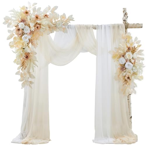 Wedding Arch Flowers with Drapes Kit (Pack of 4) - 2pcs Artificial Beige Deluxe Swag with 2pcs Sheer Drapes for Wedding Ceremony Arbor Reception Backdrop Rose Floral Decoration - color: Beige