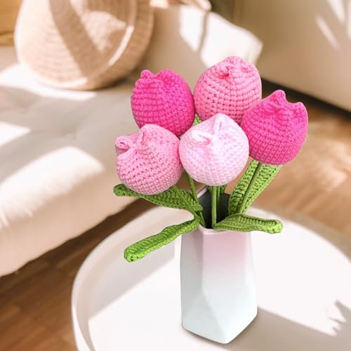 Rimvoe Crochet Tulip Flower Bouquet, Handmade Knitted Artificial Tulip Flowers, Gift for Mom Wife Women(Pink)