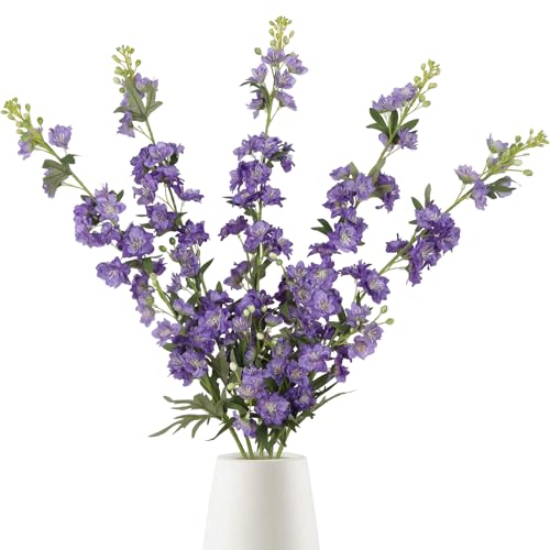 IPOPU Purple Delphinium Artificial Flowers 5PCS Silk Flowers with Stems 28.3" Realistic Larkspur Faux Delphinium for Wedding Centerpieces Home Tables Party Decor (Purple) - color: 5pcs-purple