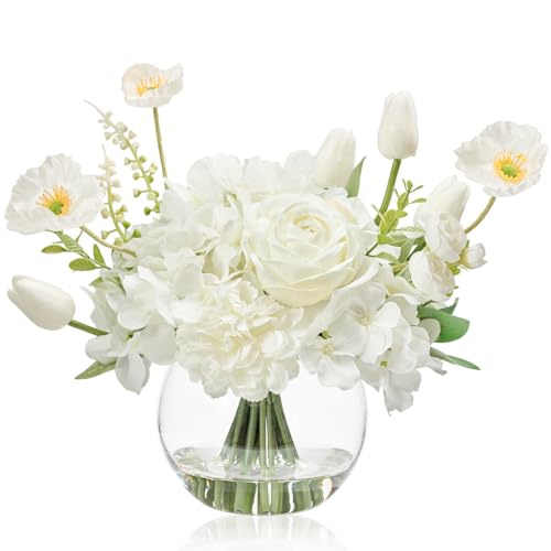 WELL KNOWN Artificial Flowers for Table Decoration Silk Hydrangea Flowers with Vase Fake Flower Arrangements in Round Bowl Vase with Faux Water for Summer Spring (White) - color: Mix Hydrangea-white