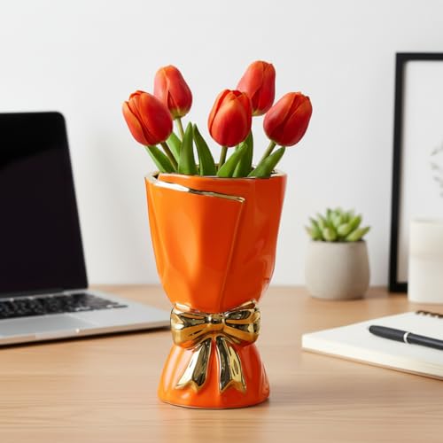 Orange Ceramic Vase with Bow - 7 Inch Small Vase for Home Decor, Modern Flower Vases for Living Room, Nightstand Shelf and Desk Decor, Bookshelf, Dining Table Centerpiece - color: Orange, size: 7 inch