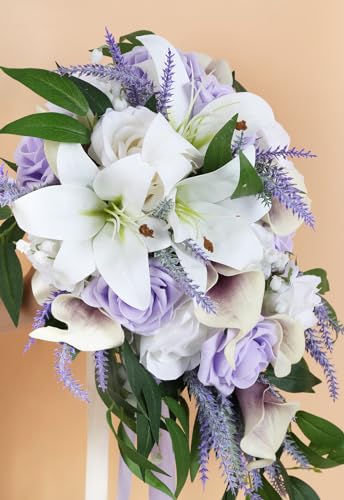 Wedding Bouquet,11 Inch Bridal Bouquet Cascading Wedding Bouquets for Bride for Wedding Ceremony and Anniversary(Lilac & White) - color: Lilac & White