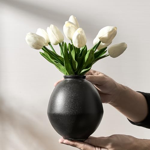 Ceramic Flower Vase, 5.8 Inch Cute Nordic Minimalist Vase Home Decor, Modern Aesthetic Farmhouse Decorative for Bouquet Pampas Grass Dried Fresh Flowers, Living Room, Table, Shelf, Fireplace - color: Metallic Black- 5.75"