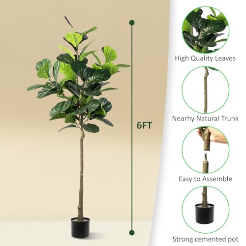 Artificial Fiddle Leaf Fig Tree, 6FT Faux Ficus Lyrata Plant Tall Fake Tree for Home Decor Artificial Tree for Indoor Office Living Room (Fiddle Leaf Fig Tree, 6 FT) - color: Fiddle Leaf Fig Tree, size: 6ft