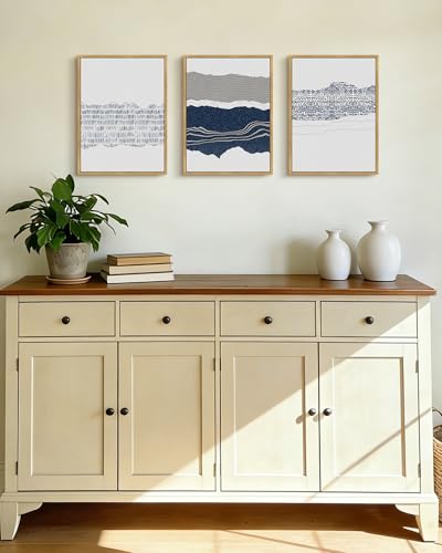 PHOPAGO Navy Blue Abstract Framed Wall Art Mid Century Minimalist Boho Wall Decor Modern Neutral Farmhouse Rustic Art Bedroom Living Decor - 11x14in Natural Framed - color: Blue Abstract, size: 14L" x 11W" x 3 Pcs Natural