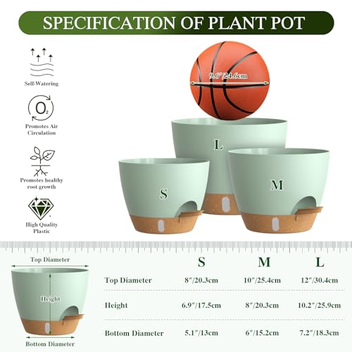 Self Watering Pots with Drainage Holes, 3 Pack 12/10/8 Inch Plant Pots with Water Level Indicator Deep Reservoir, Large Plastic Planter for Indoor Outdoor Plants - Green Brown - color: Green Brown, size: 12+10+8 Inch Set