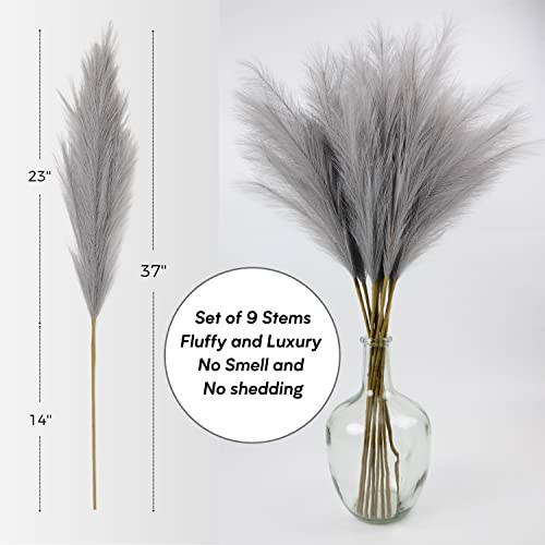 Faux Pampas Grass, Set of 9 Stems 37'' Tall Fluffy Fake Pompas Floral, Large Artificial Pompous Branches for Floor Vase Fillers, Pompas Decorativas, Boho Farmhouse Wedding Home Decor(Grey) - color: Grey