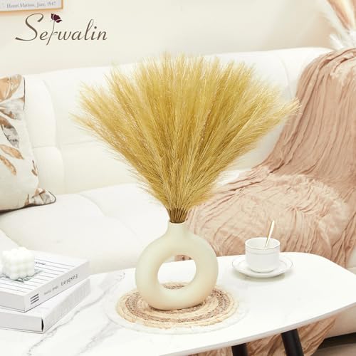 Serwalin 60Pcs Gold Pampas Grass Decor, 17.7" Faux Pampas Grass, Artificial Short Pompas Grass Branches Fluffy Plant Vase Filler Boho Decoration for Home Wedding Party - color: D Gold