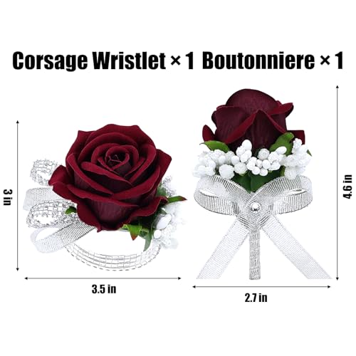 2Pcs Burgundy Rose Corsage and Men Boutonniere Set Women Wristlet Band Wrist Bracelets, for Prom Wedding Ceremony Flowers Decorations and Homecoming Party Accessories - color: Burgundy, size: 1 Boutonniere & 1 Wrist Corsage