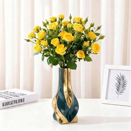 10.6" Green and Gold Ceramic Vase, Modern Geometric Flower Vase for Dining Table Centerpiece, Elegant Decorative Vase for Pampas Grass, Living Room, Bedroom, Office, Tabletop Decoration - color: Green Gold