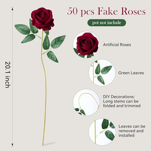 50 PCS Burgundy Roses Artificial Flowers, Real Looking Fake Roses with Long Stems Silk Flowers for DIY Wedding Bouquet Party Celebration Home Bridal Baby Shower Decoration Birthday Gift for Her Wife - color: Burgundy