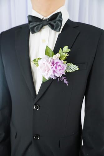 Purple Corsage and Boutonniere Set for Wedding Prom, Artificial Rose Flower Wrist Corsage Bracelets, Homecoming Corsage Wristlet, Boutonniere for Men Wedding Suit Decorations - color: Purple