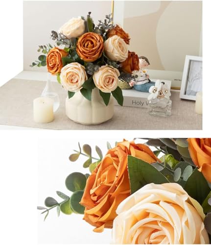 Silk Roses Artificial Flowers in Vase,Fake Flowers with Vase,Faux Flower Arrangement with Vase for Home Office Decoration, Dining Table Centerpiece - color: Orange