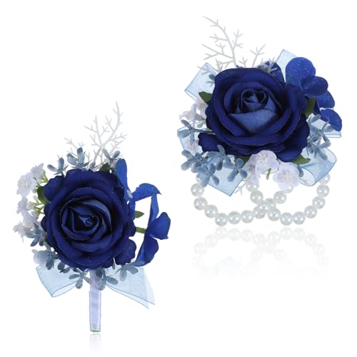 Grevosea 2 Pcs Blue Rose Corsage and Boutonniere Set, Artificial Wrist Double Pearl Corsage Wristlet Bracelets, Men Boutonniere for Wedding Party Formal Dinner Flowers Accessories Prom Suit Decor - color: Blue