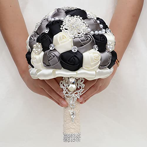 Sharebeauty 7.9 Inch Handmade Satin Rose Bridal Bouquet Toss Round Wedding Bouquet Throw Toss Artificial Flower Bunch Black + Dark Grey + Ivory - color: W3217d05 Black/Dark Grey/Ivory