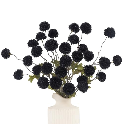 DuHouse 6pcs Black Flowers Faux Silk Pompon Mum,Silk Small Mini Chrysanthemum Ball with Stems for DIY Wedding Bouquets Centerpieces Vase Home Table Halloween Decorations(Black) - color: Black, size: 6pcs