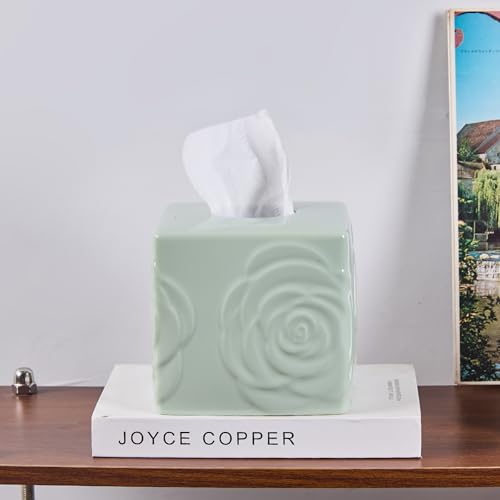 Light Green Ceramic Cube Tissue Box Cover with Rose – Large Elegant Rose Floral Square Decorative Tissue Box Holder for Bathroom, Bedroom, Office Desk, Kitchen Counter – Perfect Housewarming Gift - color: Light Green