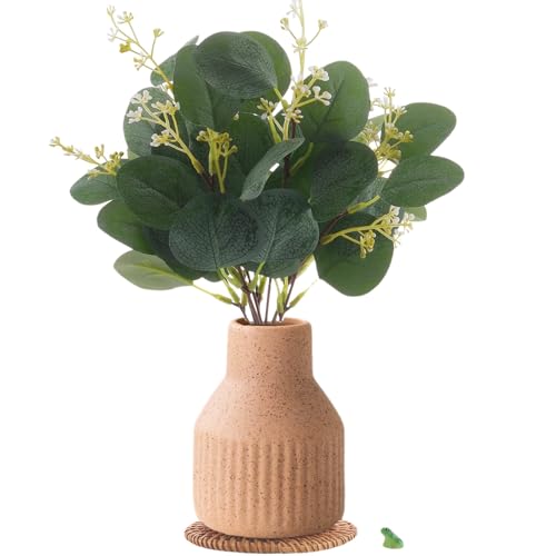 Artificial Eucalyptus Greenery Stems in Ceramic Vase 10Pcs Fake Plants Eucalyptus Leaves for Centerpiece Table Decorations Home Room Decor Office Desk Decor Greenery Decor Indoor (Beige) - color: Beige