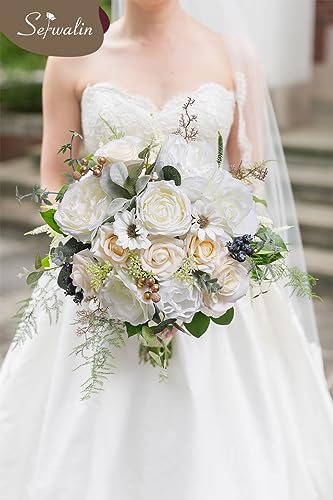Serwalin Artificial White Flowers for Wedding, Silk Flowers Cake Decoration, Fake Flowers for Centerpieces Bouquets White Roses Peonies, Bridal Shower DIY Christmas - color: Champagne White, size: Square