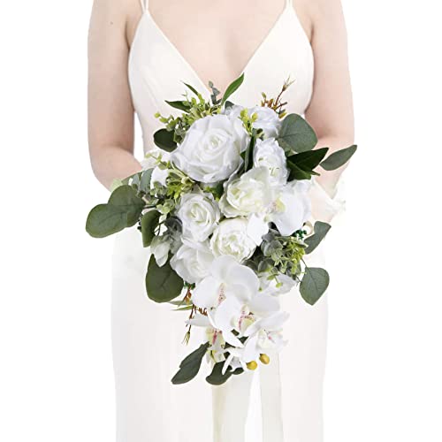 Artificial Bridal Bouquet, 11 Inch White Artificial Wedding Bouquets for Bride Bridal Bouquet Bridesmaid Bouquet Tossing Bouquet for Wedding Ceremony and Anniversary(White) - color: White