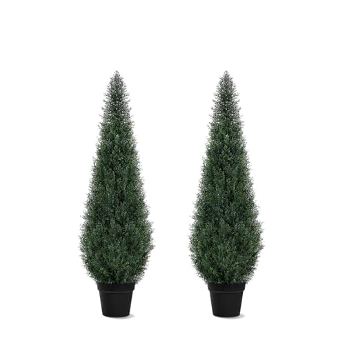 Artificial Trees for Outdoors, BUZIGUBY Artificial Cedar Topiary Trees, 4FT Topiary Trees Artificial Outdoors for Porch, Dense Arborvitae Tree for Front Door Patio Deck Balcony Yard Decor, 2 Pack