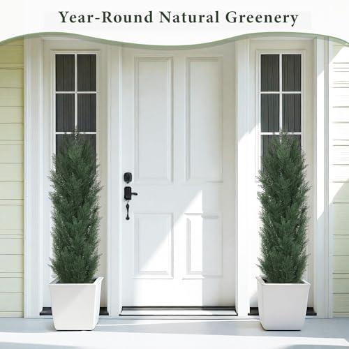 THE BLOOM TIMES 5ft Topiary Trees Artificial Outdoor Set of 2, UV Resistant Faux Cedar Pine Cypress Bushes & Shrubs, Fake Plants for Front Porch Outside Planter Patio Decor 5 Foot Tall - color: Dark Green Cedar Trees, size: 5 Foot