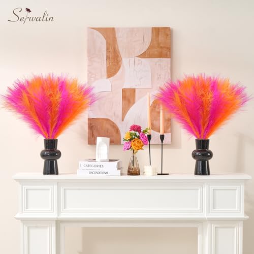 Serwalin 6PCS Pampas Grass Decor, 17.7Inch Bright Orange Hot Pink Artificial Pampas Grass Fluffy Fake Pompas Vase Filler Flower Arrangement for Home Wedding Decor - color: A Bright Orange Hot Pink, size: 17 Inch 6 Pcs