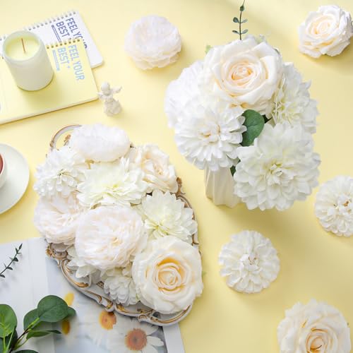 Suncalla 98 Pcs Artificial Flowers Bouquet Assorted Faux Flowers Heads with Stem Eucalyptus Leaves Silk Floral Table Centerpiece for DIY Wedding Party Wreath Home Decor(White Color) - color: White Color
