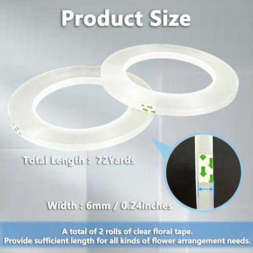 Clear Floral Tape, Waterproof Floral Tape 1/4 inches Wide Floral Vase Tape for Flower Bouquets and Flower Supplies Craft 2 Rolls Clear Florist Tape for Wrapping, Corsages, DIY Crafts (216Ft Per Roll)