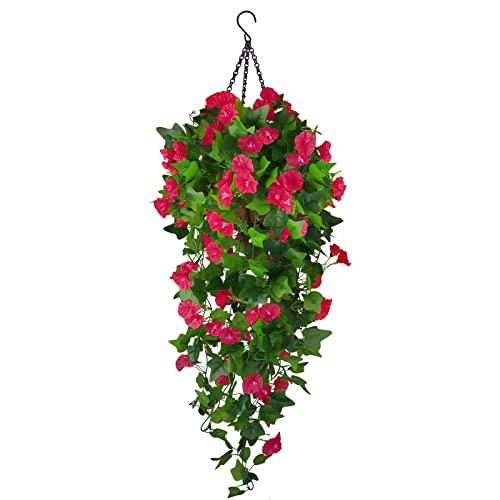 Artificial Fake Hanging Flowers Plants Basket for Spring Outdoor Outside Decoration, UV Resistant Faux Plastic Fabric Flower Morning Glory Wisteria Petunia for Garden Porch Patio Balcony Yard Decor - color: Rose Red
