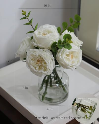 CHASMILE Artificial Flowers with White Roses in Vase, Fix Lifelike Fake Flowers in Vase with Artificial Water, Faux Flower Arrangements for Dining Table Centerpiece Decor - color: White Simulated Rose With Vase