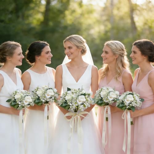 Artificial Bridesmaid Bouquets Set of 6 - Ivory White 9 Inch Flower Bouquet for Wedding Party Ceremony Anniversary Table Centerpieces Decor Faux Boho (Small Rose & Babys Breath & Ribbon) - color: Small Rose