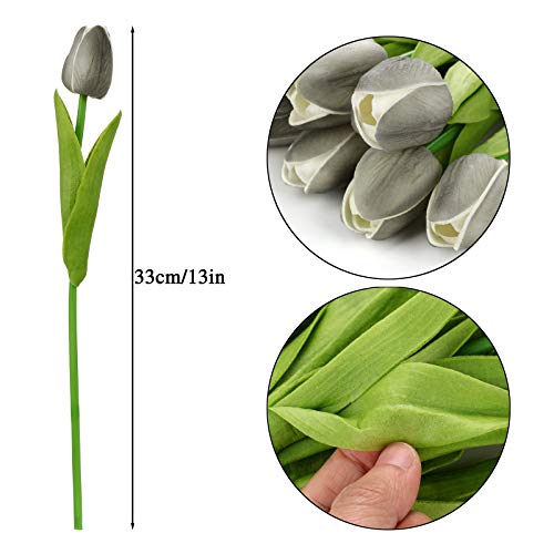 10 Pcs Artificial Tulips Flowers 13.8 inch Real Touch PU Fake Holland Tulip Bunches Bush Countertop Table Display Floral Decoration for Wedding Party Living Room (Gray)