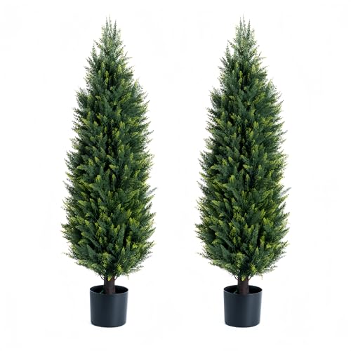 Artificial Cedar Topiary Trees, Set of 2 Lifelike Faux Pruned Cypress with Heavy-Duty Planters – UV-Resistant Outdoor Artificial Shrubs for Indoor/Outdoor Decor (40 Inches) - size: 40in