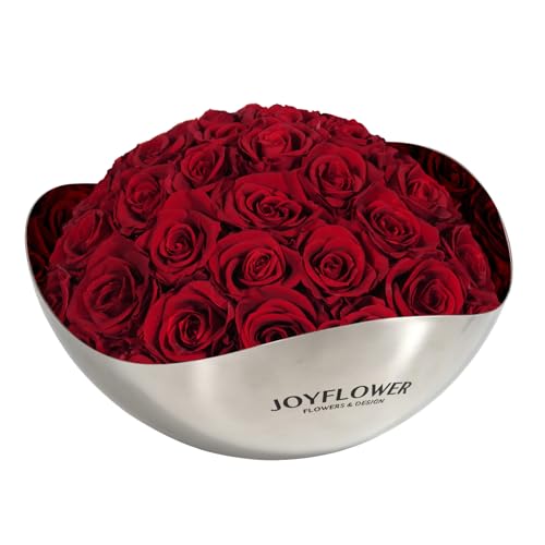JoyFlower Preserved Flowers Decor, Eternal Roses in Stainless Steel Bowl Decors for Table Centerpiece, Forever Flowers Decorations for Home Living Room Bedroom Coffee Shop House Office(Small, Red) - color: Red, size: Small