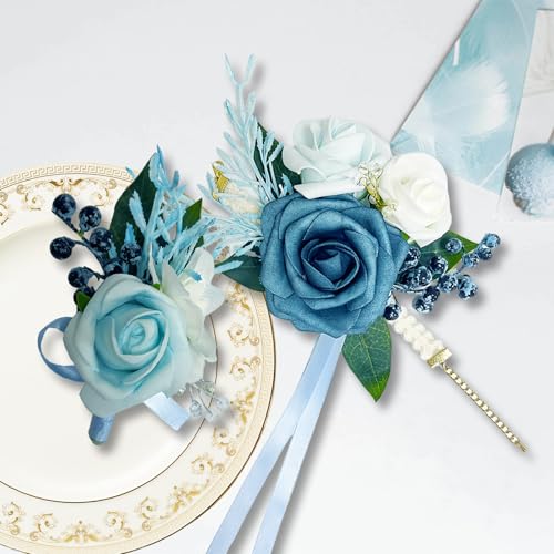 Corsage and Boutonniere Set for Bride Groom Bridesmaids Groomsmen Wedding Homecoming Flowers Prom Suit Accessories, Rose Boutonniere and Wrist Corsage Flower - color: Blue