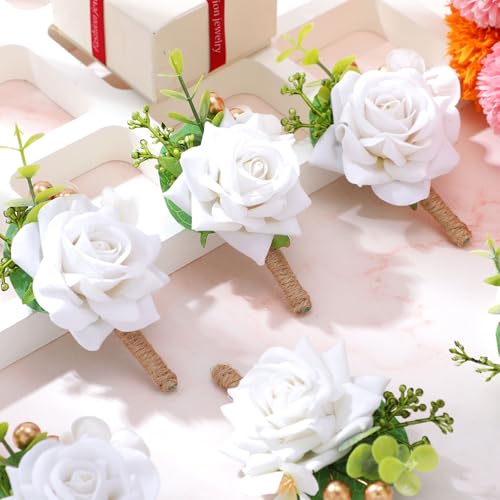 Sherr 12 Pcs Boutonniere for Men Wedding Flower Boutonniere Rose Corsage Set with Pin for Groom Groomsmen Prom Western Wedding Anniversary Dinner Fall Party Decor(White) - color: White