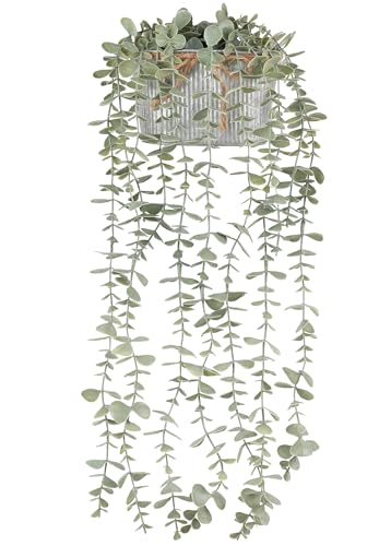 Mkono Fake Hanging Plants in Farmhouse Galvanized Pots Rustic Faux Potted Eucalyptus Greenery Indoor Artificial Plants for Book Shelf Mantel Living Room Bathroom Bedroom Home Office Decor (1, Grey) - color: Grey