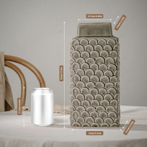 Ceramic Flower Vase, 12.6” Large Rustic Farmhouse Decorative Vase for Home Decor, Gray Textured Pottery Vase for Pampas Grass, Living Room, Entryway, Mantel, Kitchen Table - color: 302-grey