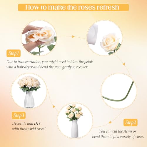 Hotop 20 Pcs Artificial Rose Flowers with Long Stem,Real Lifelike Silk Realistic Plastic Bouquet Roses Bulk for Home Decor Bridal Wedding Party Table Centerpieces Decorations(Champagne) - color: Champagne