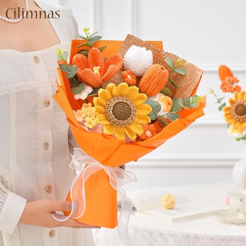 Crochet Flower Bouquet,Orange Knitted Flowers, Handmade Sunflowers Tulips Roses Bouquet for Valentine Day Birthday Anniversary Party Mother's Day Graduation Gifts(with Card) - color: Orange