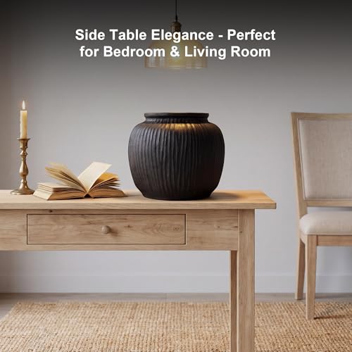 Oakrain Large Rustic Vase with Vertical Ribbed Texture, 9" Vintage Black Round Vase, Decorative Planter for Indoor, Table Centerpieces, Distressed Decor - color: Matte Black, size: 9" Dia