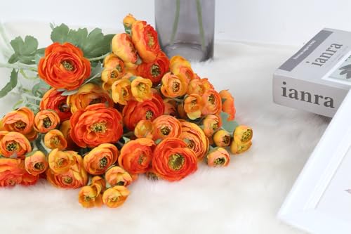 5PCS Ranunculus Artificial Flowers 60Heads Orange Faux Peonies with Stem Real Touch 21.65" Silk Ranunculus Fake Flowers for DIY Craft Wedding Floral Arrangements Home Table Decor(Orange) - color: Orange