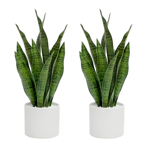 Faux Plants, Artificial Snake Plant Set of 2, Faux Snake Plant with Pure White Ceramic Pots, Fake Sansevieria for Home Decor Indoor, Office, Living Room, Housewarming Gifts